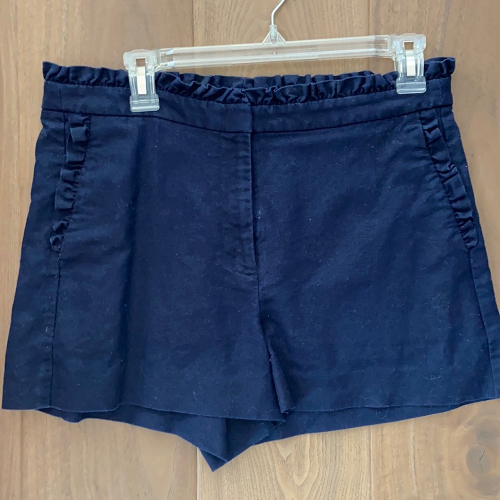 J.Crew Factory linen navy shorts with ruffle detail on waist and pockets. Size 8